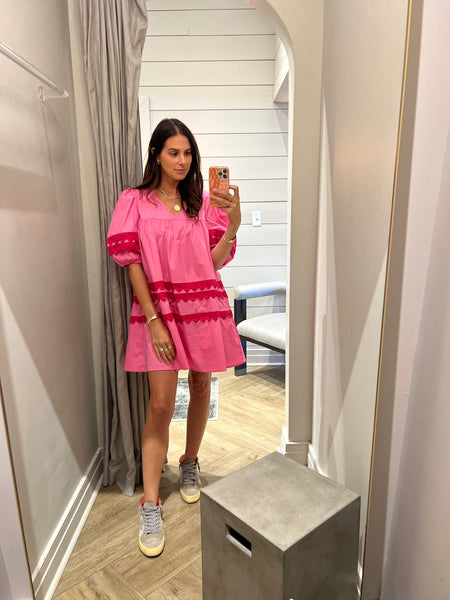 solid neck scallop puff slv dress