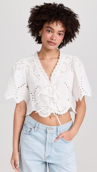 short puff sleeve eyelet top