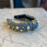 denim pearl and crystal oversized knotted headband